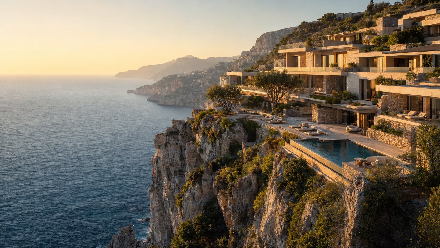 Dramatic architectural hotel integrated into a Mediterranean cliff
